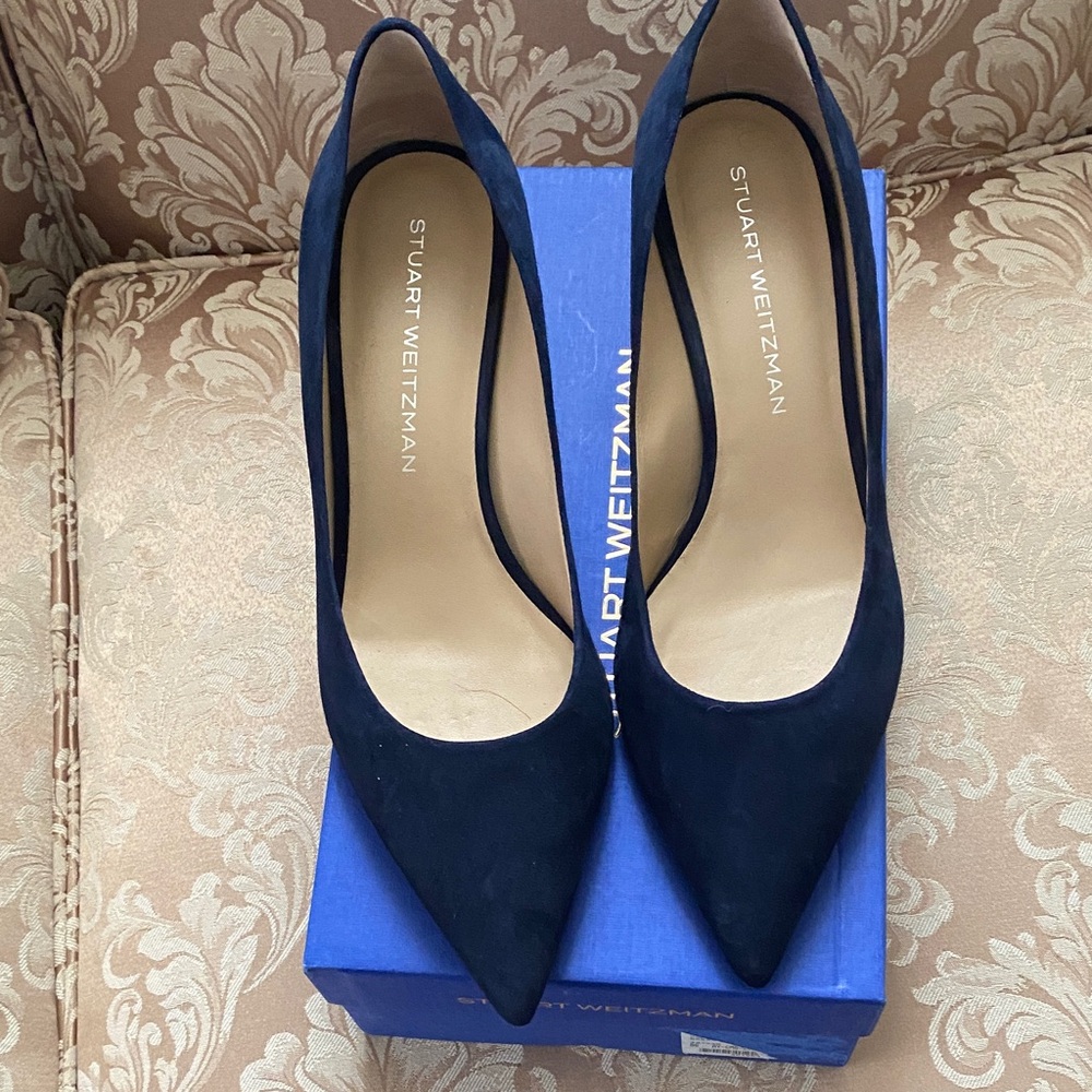 Stuart Weitzman Navy Blue Kitten Heel Pointed Toe